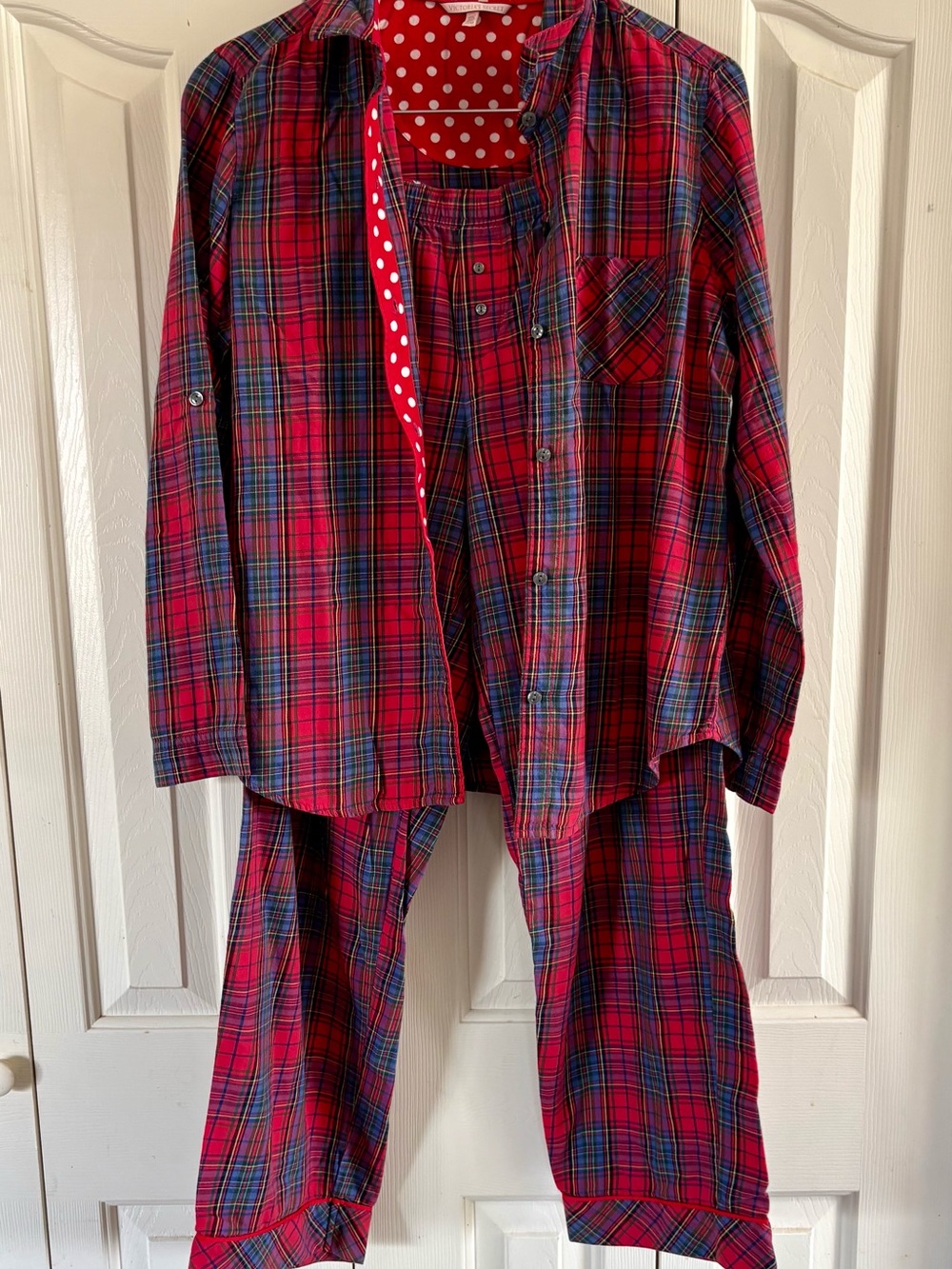 Victoria Secret Women's Flannel Pajama Set SZ M  long  plaid red blue